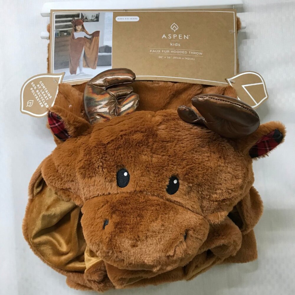 NEW Aspen Kid's 4-8 Years Brown Faux Fur Hooded Moose Doll Throw Blanket 36"x56"
